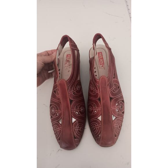 Pikolino's cut leather artistic design Brown kitten wedge low slingback Sz 10 W - Picture 3 of 9